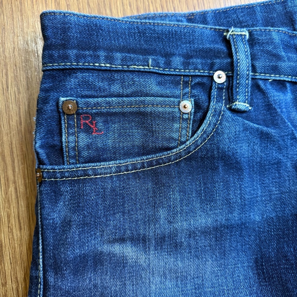 Polo Ralph Lauren Denim Jeans Mens 36x30 Slim Preppy Dark Blue Distressed Cuffs